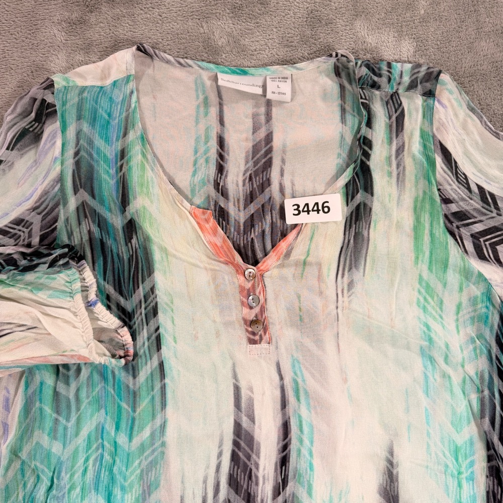 Soft Surroundings Tunic Women Large Green Abstract Chevron Henley 3/4 Sleeve